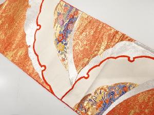 雪芝に椿・菊・杜若模様織り出し　袋帯